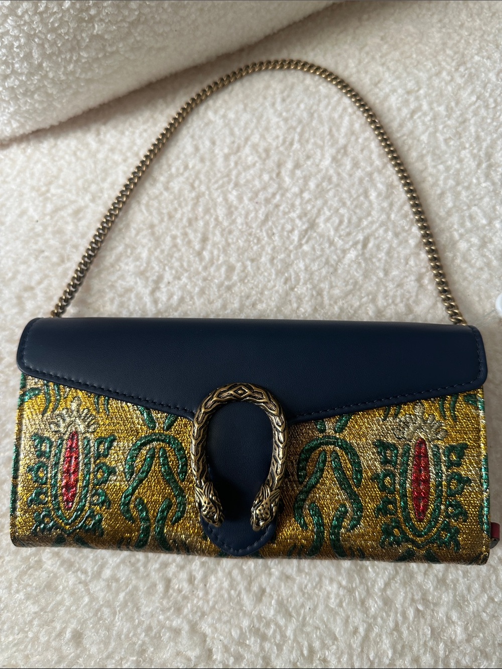 Gucci Blue/Yellow Brocade And Leather Dionysus Wallet On Chain